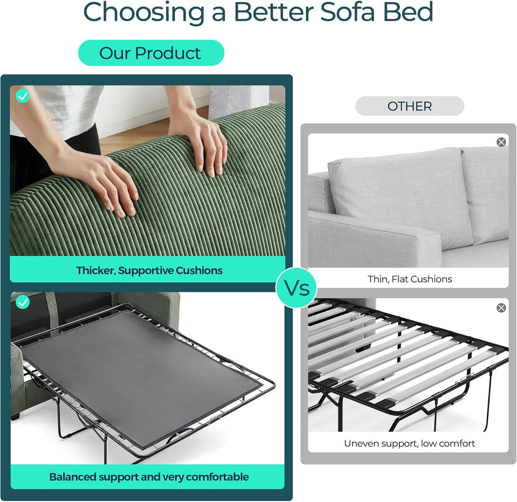 LINSY HOME Pull Out Sofa Bed - Convertible Loveseat Sleeper Sofa, Upgraded Bed Frame Pullout Couch - USB Charging & Cup Holders, Corduroy Sofa Bed for Living Room Small Space, Queen Size (Green)