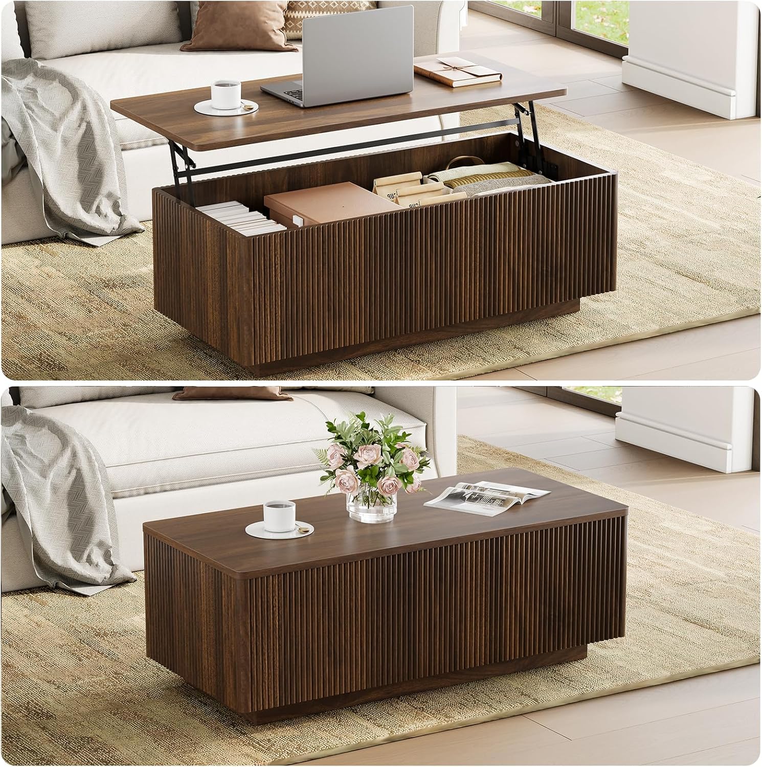 FABATO Mid Century Modern Coffee Table, Wooden Fluted Center Table with Large Hidden Compartment, 41.7” Rectangle with Round Corners, Lift Up Farmhouse Wood Table for Living Room, Home Office, Walnut