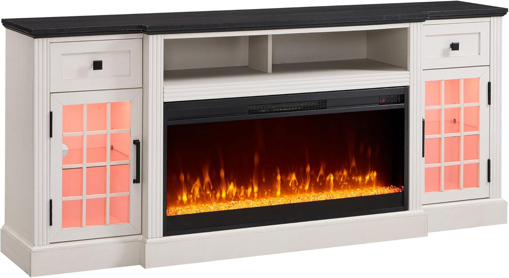 ACCOHOHO Farmhouse Fireplace TV Stand for 80 Inch TV, Entertainment Center w/ 36'' Electric Fireplace & LED Lights, Mordern Media Console with Storage Drawers & Cabinets for Living Room, White