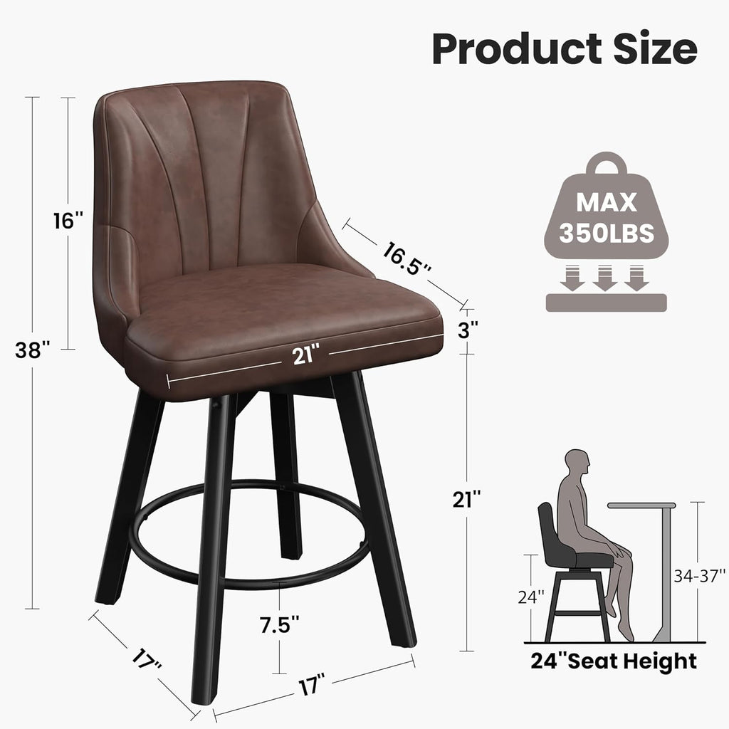 Counter Height Swivel Bar Stool, 24" Upholstered PU Leather Barstools Set of 4, Counter Stool Chair with Back & Solid Wood Legs for Kitchen Island Dining Room (Brown)