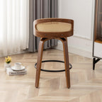 26" Swivel Rattan Bar Stools Set of 2,Mid-Century Modern Green Faux Leather Upholstered Counter Height Stools,Kitchen Island Barstools with Rattan Low Backrest,Walnut Wood Finish Bar Chairs
