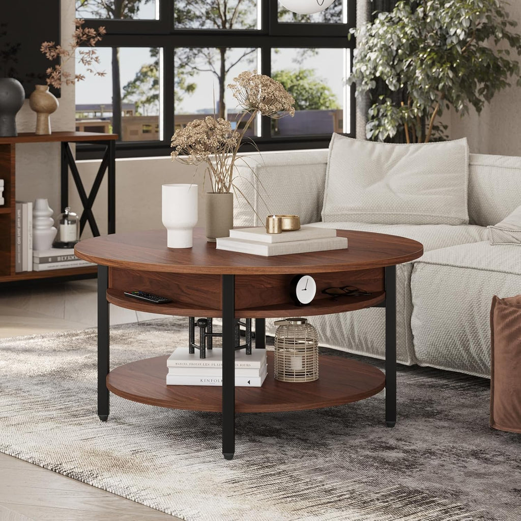 FABATO Round Lift Top Coffee Table with Storage and Hidden Compartment, 26.77'' Farmhouse Coffee Table for Living Room Reception Room, 2 Tier Small Round Coffee Table Circle Dining Table, Espresso