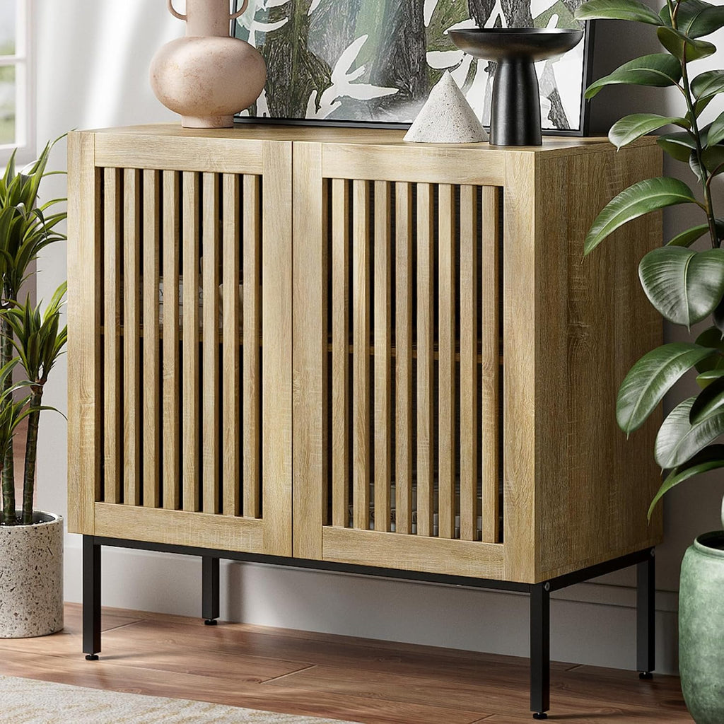 BVIUNTWO Buffet Cabinet with Storage,31.5" Farmhouse Console Table with Metal Base and Adjustable Shelf,Sideboard Coffee Bar Cabinet with 2 Doors for Kitchen,Dining Room,Living Room,Oak