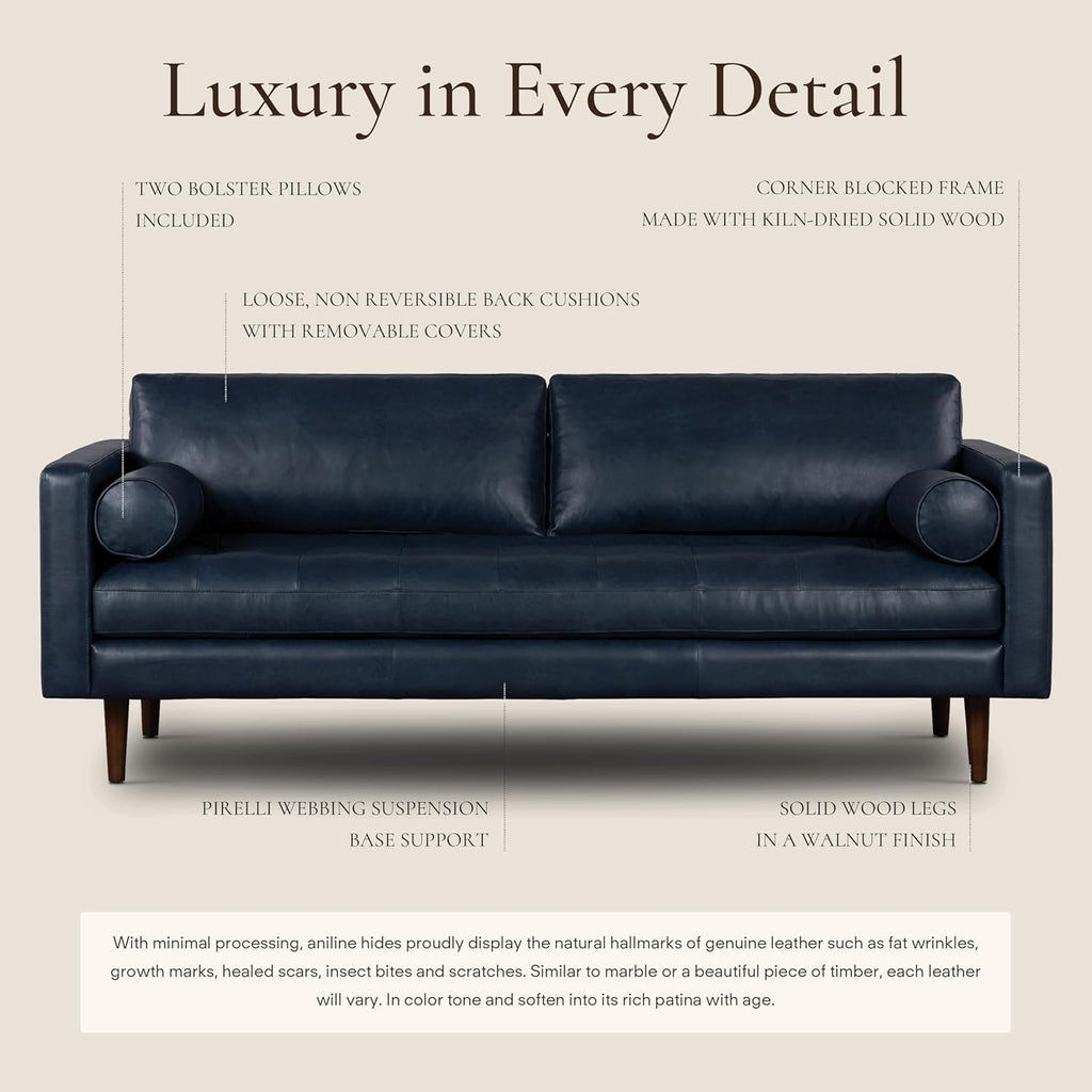Poly & BARK Napa 88.5" Leather Sofa – Full-Grain Italian-Tanned Aniline Leather, Feather-Down Comfort, Solid Wood Frame, Walnut Legs, Midnight Blue