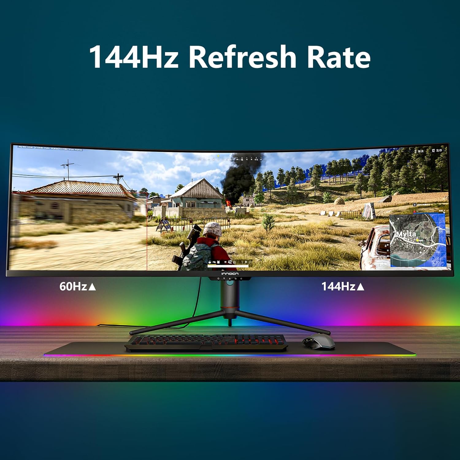 INNOCN 49" Curved Gaming Monitor 144Hz Ultrawide 32:9 WDFHD 3840 x 1080P  R1800  99% sRGB  HDR400  USB Type C  DisplayPort  HDMI  Built-in Speakers  Height/Tilt Adjustable - 49C1G