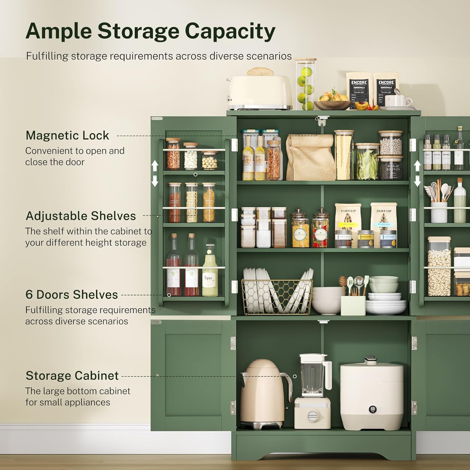 TEENFON 43" H Storage Cabinet with 4 Doors, Kitchen Cabinet with 6 Door Shelves, Kitchen Pantry Cabinets for Living Room, Dining Room, Bathroom, Forest Green