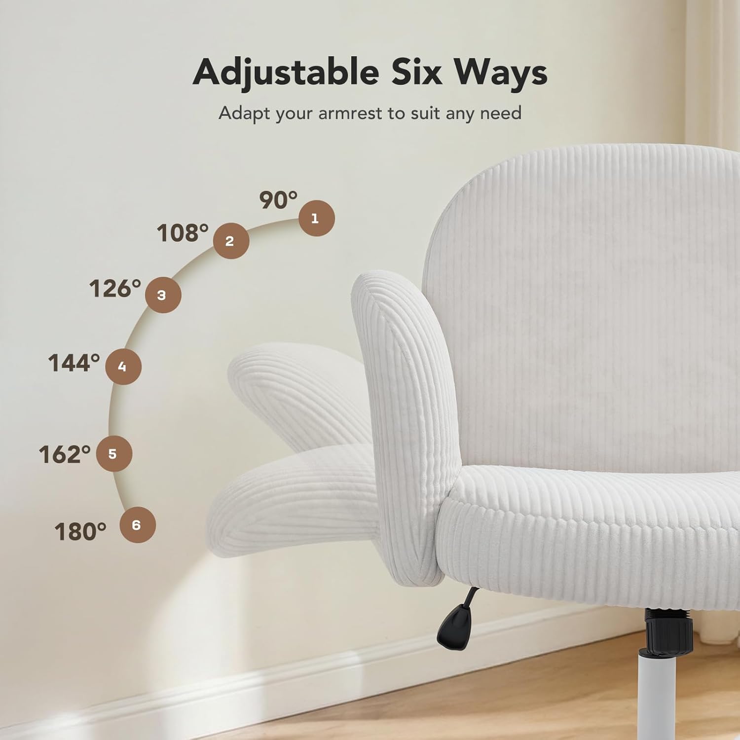 HUANUO Vanity Chair with 6-Position Adjustable Armrests, Criss Cross Chair with Wide Cushion, Soft Corduroy Fabric, 90°-105° Recline, Pet-Friendly, Perfect for Makeup Bedroom, Home Office, White