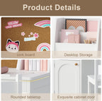 Treocho Kids Study Desk and Chair Set, Kids Desk with Hutch and Tiltable Desktop for 3-8 Years Old, Wooden Children Study Table with Storage Cabinet, Student Writing Desks Bedroom, Home School, White