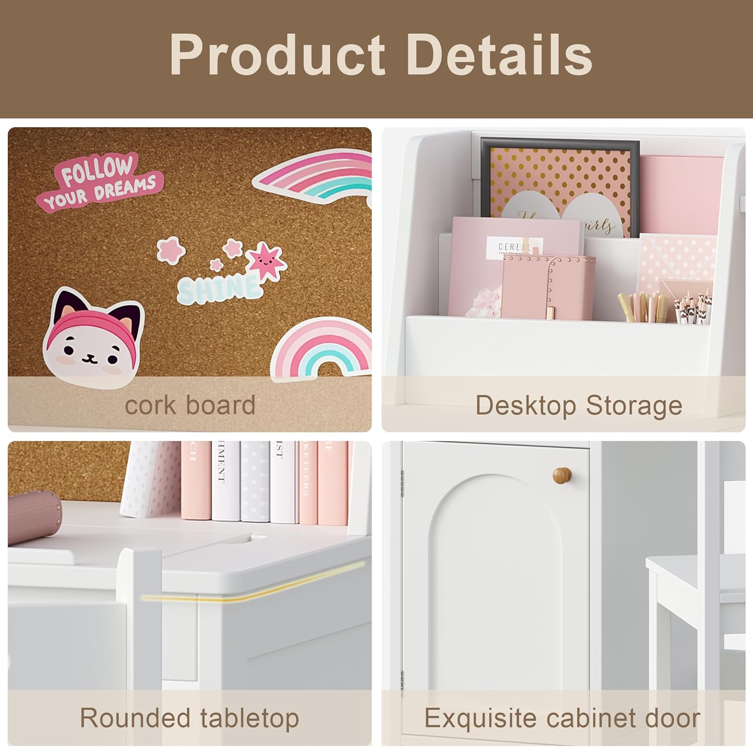 Treocho Kids Study Desk and Chair Set, Kids Desk with Hutch and Tiltable Desktop for 3-8 Years Old, Wooden Children Study Table with Storage Cabinet, Student Writing Desks Bedroom, Home School, White