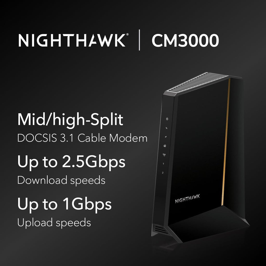NETGEAR Nighthawk DOCSIS 3.1 Mid/high-Split Cable Modem (CM3000-1AZNAS) – Approved for Today's Fastest Speeds - Works With all Cable Providers  Incl. Xfinity  Spectrum  Cox - Cable Plans up to 2.5Gbps