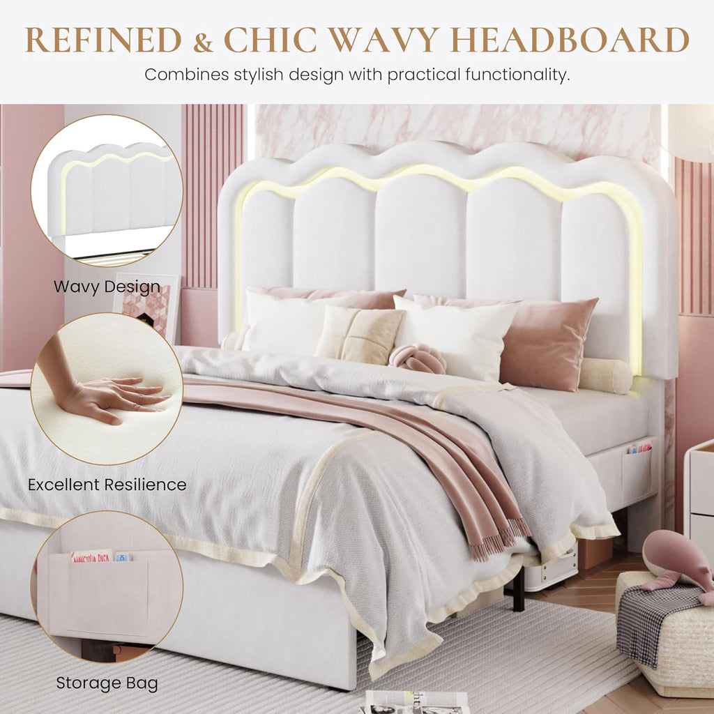 SHA CERLIN Upholstered Full Size Bed Frame with LED Lights and Large Storage Drawer, Velvet Platform Bed with Adjustable Wavy Headboard, Noise Free, Easy Assembly, No Box Spring Needed, Soft White