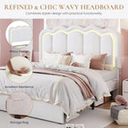 SHA CERLIN Upholstered Full Size Bed Frame with LED Lights and Large Storage Drawer, Velvet Platform Bed with Adjustable Wavy Headboard, Noise Free, Easy Assembly, No Box Spring Needed, Soft White