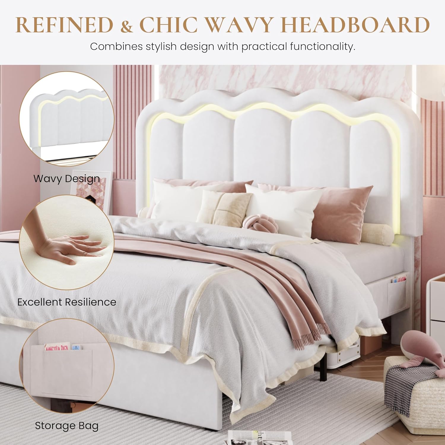 SHA CERLIN Upholstered Full Size Bed Frame with LED Lights and Large Storage Drawer, Velvet Platform Bed with Adjustable Wavy Headboard, Noise Free, Easy Assembly, No Box Spring Needed, Soft White