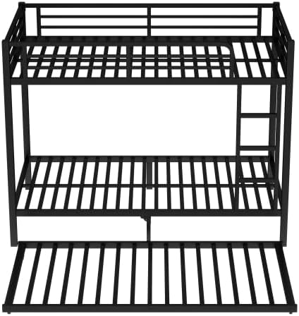 Metal Bunk Bed Twin XL over Twin XL with Trundle for 3 Kids/Teens/Adults, Heavy-duty Metal Bunk Bed Frame with Ladder & Safety Guardrail, Space-saving Design for Bedroom/Kidsroom/Dorm, Black