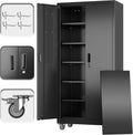 Garage Storage Cabinet with Wheels and Pegboard, Lockable Metal Storage Cabinet with 5 Adjustable Shelves and 4 Hooks for Garage,Warehouse, Assembly Required, Black, 71" H x 34" W x 18" D