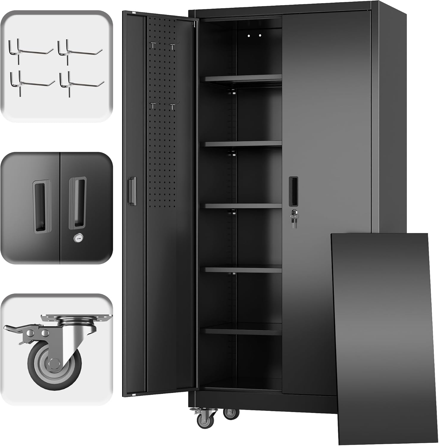 Garage Storage Cabinet with Wheels and Pegboard, Lockable Metal Storage Cabinet with 5 Adjustable Shelves and 4 Hooks for Garage,Warehouse, Assembly Required, Black, 71" H x 34" W x 18" D