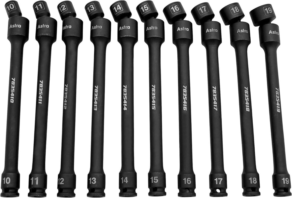Astro Tools 78354 10-Piece 3/8" Drive 6 Point Pinless Universal Torque-Saver Impact Extension Socket Set - Metric