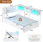 Hasuit Corner Twin Lift Up Storage Bed Frame with Charging Station & LED Lights, Twin Day Bed with Upholstered Headboard and Bookcase, Corner Beds with Hydraulic for Kids Teens Guests, White