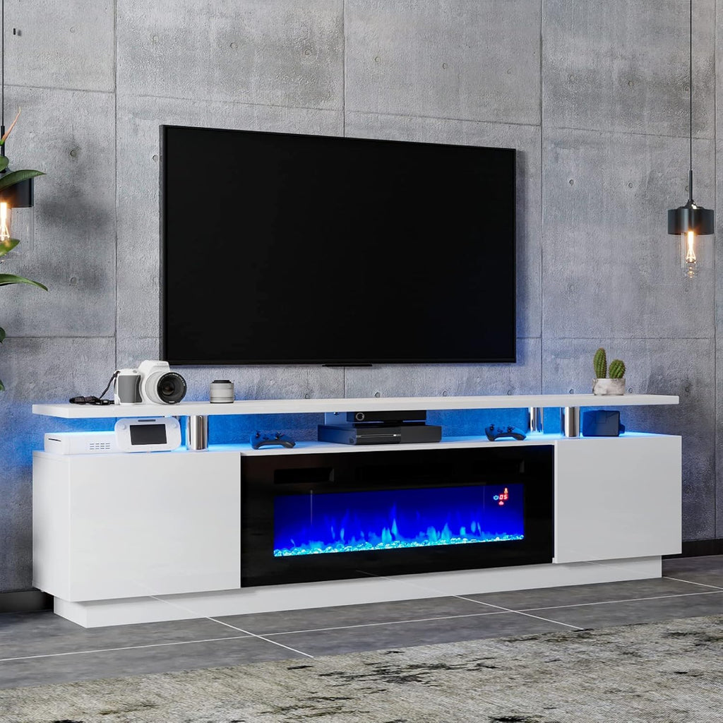 Modern Fireplace TV Stand with 36" Electric Fireplace,Finish Media Console with Open Storage, LED Lights Entertainment Center for TVs Up to 80", White