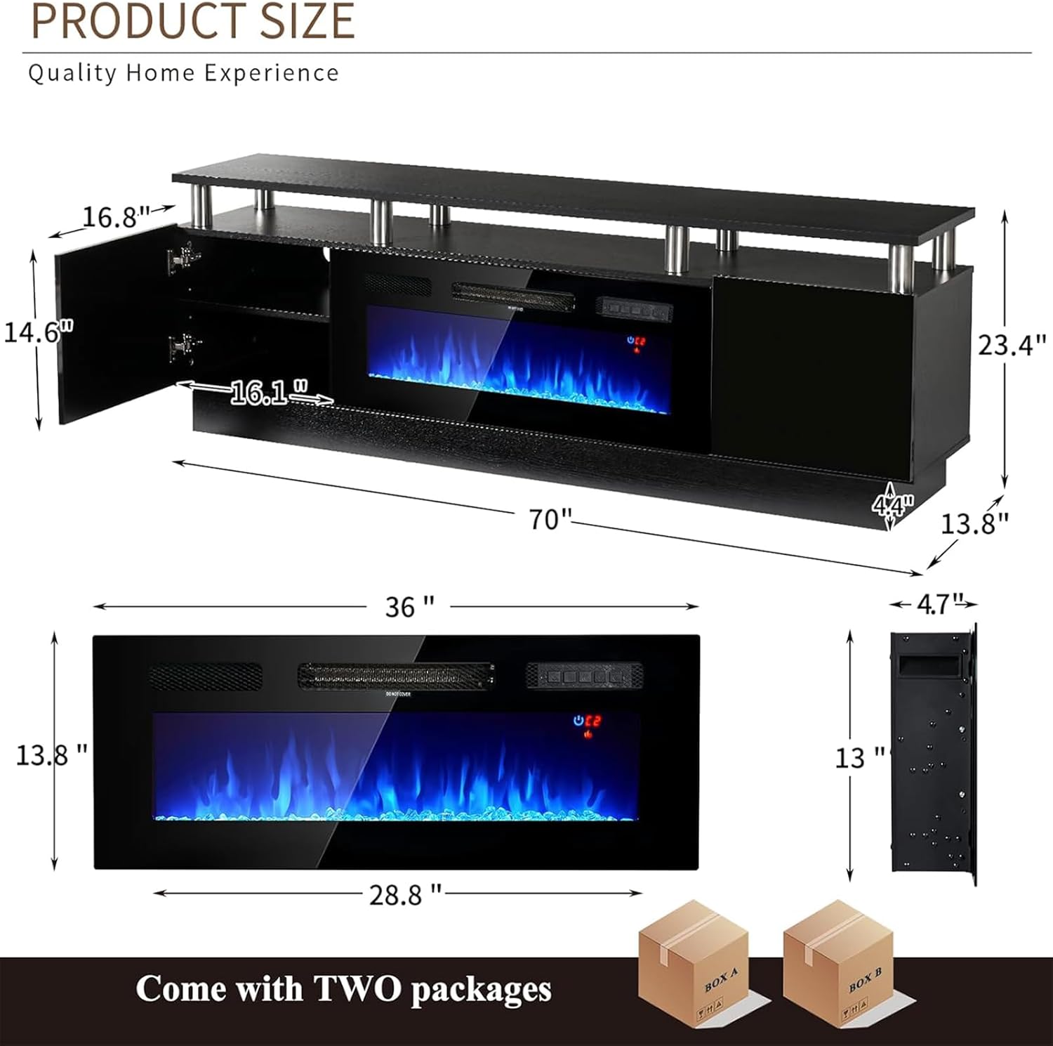 oneinmil 2 Tier TV Console Stand with 36" Electric Fireplace, LED Light Entertainment Center for TVs Up to 80" for The Living Room, 70", Black