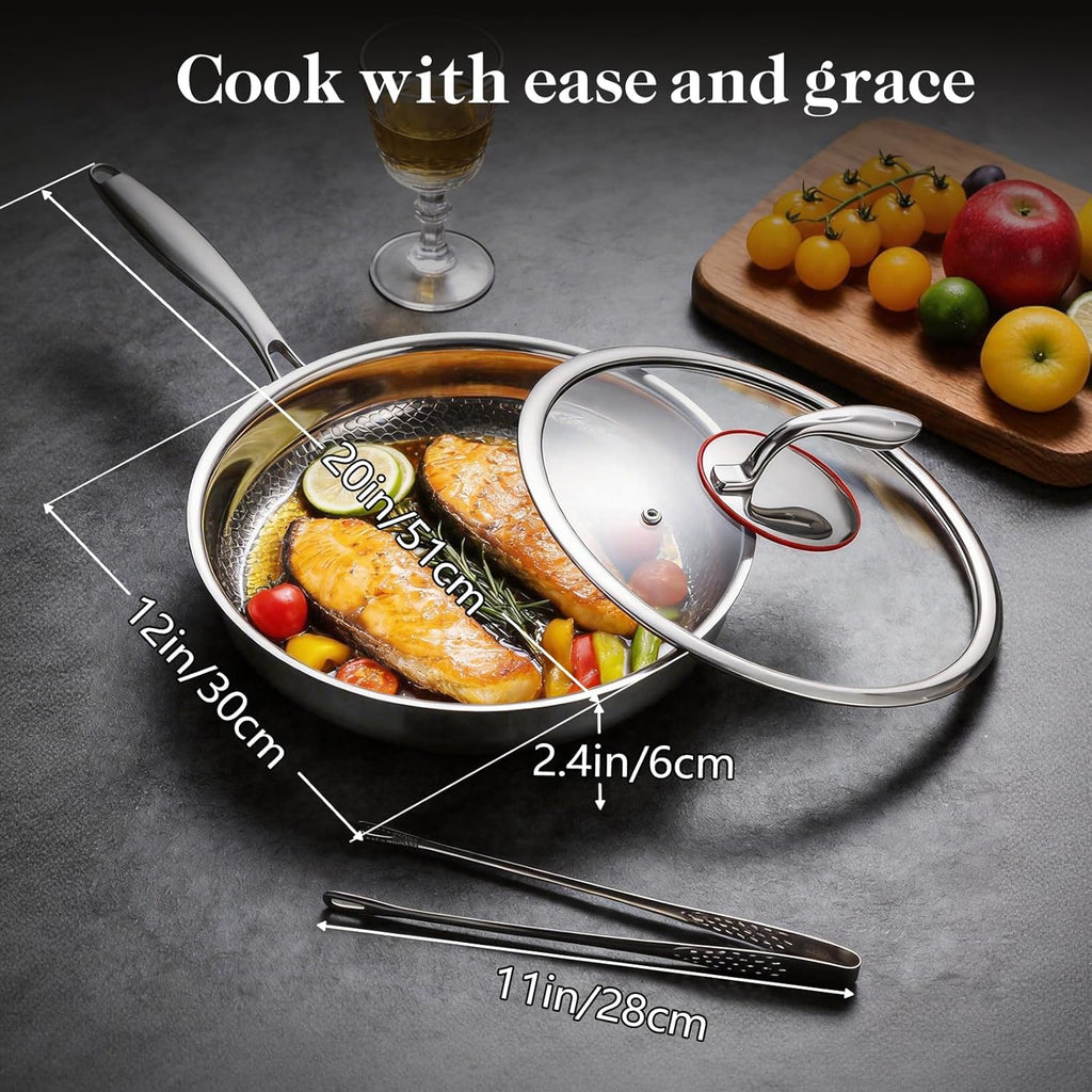 12 Inch Titanium Nonstick Frying Pan, 5-Layer Hammered Titanium-Alloy Skillet with Lid, PFOA/PFOS/Lead/Cadmium Free, Oven & Dishwasher Safe, Induction Cooktop Compatible