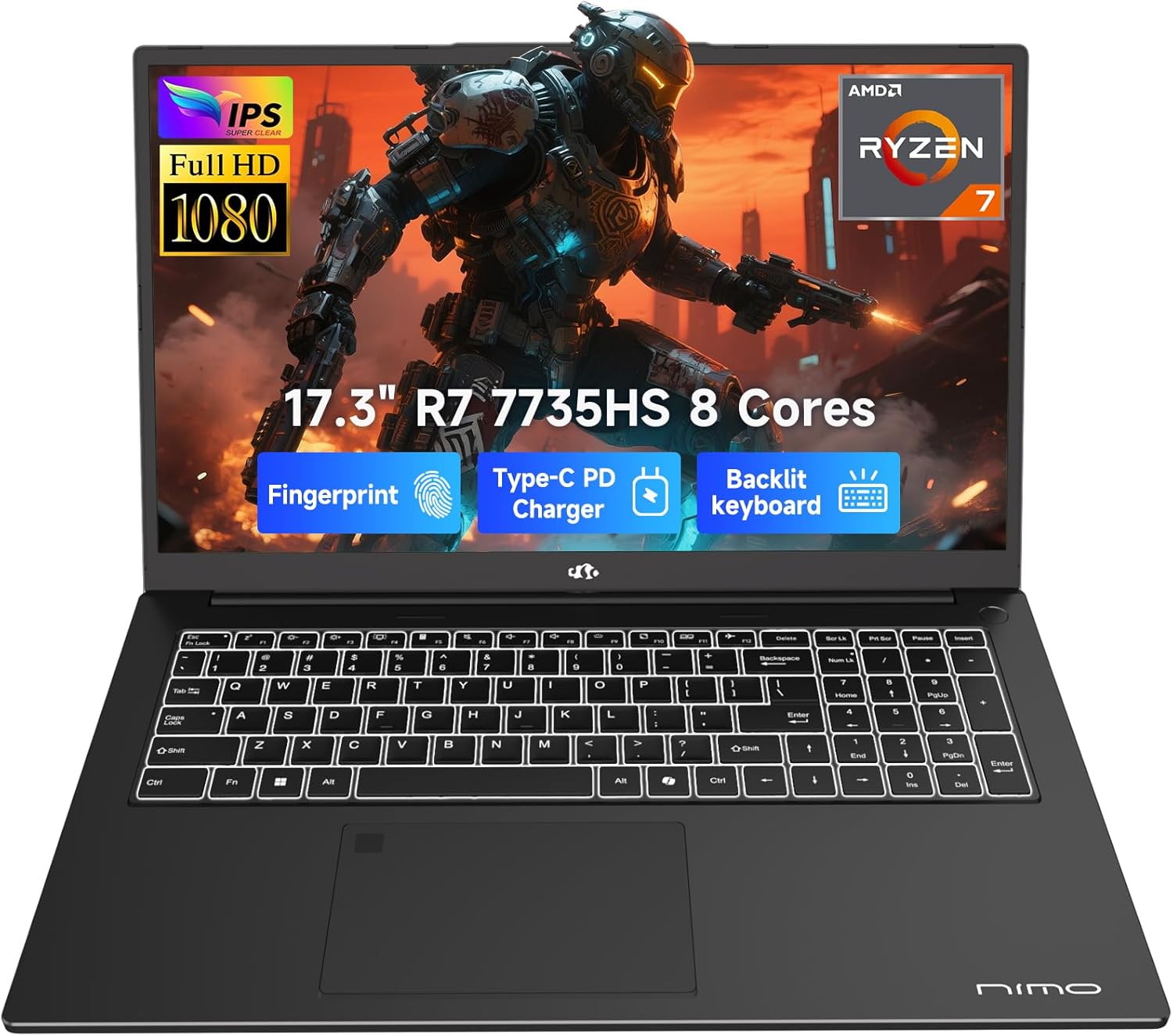 NIMO 2026 Gaming Laptop  17.3" FHD IPS Large Screen  AMD R7 7735HS (Up to 4.75 GHz  Beat i7-12650H) Computer with 16GB DDR5 RAM 256GB SSD  180° Vewing  Radeon 680M  Dual Fans  for Business  College