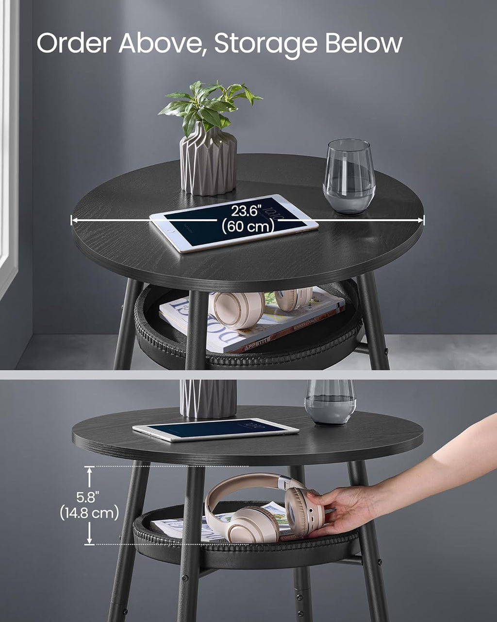 VASAGLE EKHO Collection - Bar Table with Storage, Round High Pub Table, Synthetic Leather with Stitching, Mid-Century Modern, Kitchen Home Bar, Living Room, Easy Assembly, Ebony Black and Ink Black