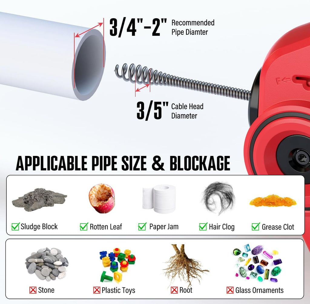 POPULO 20V Cordless Electric Drain Snake, 25Ft Replaceable Cable with 2.0Ah Battery, Extension Tube & Charger, Snake Drain Clog Remover Tool for Toilet, Floor Drain, Sink and Shower 3/4"-2" Pipe