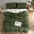 EVERLY Linen Queen Sheets Set, 100% Stonewashed French Linen Bed Sheets Deep Pocket Sheets, 4 Pieces (1 Flat Sheet, 1 Fitted Sheet, 2 Pillowcases) Natural Flax Bedding Set-Mossy Green