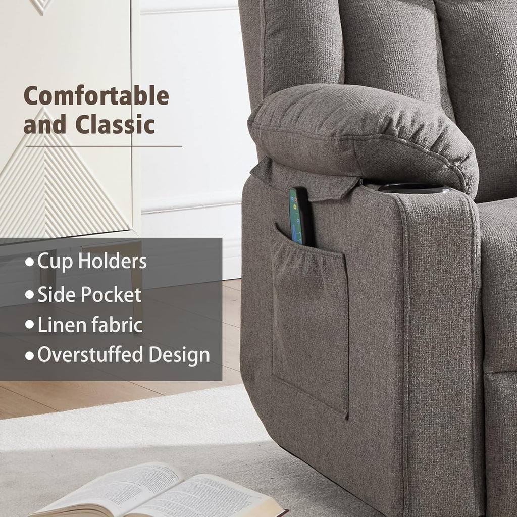 Rocker Swivel Recliner Chair for Adults, Overstuffed Large Manual Recliner Glider with Massage and Heat, Comfy Soft Fabric Living Room Reclining Sofa Chair (Smoked Gray)