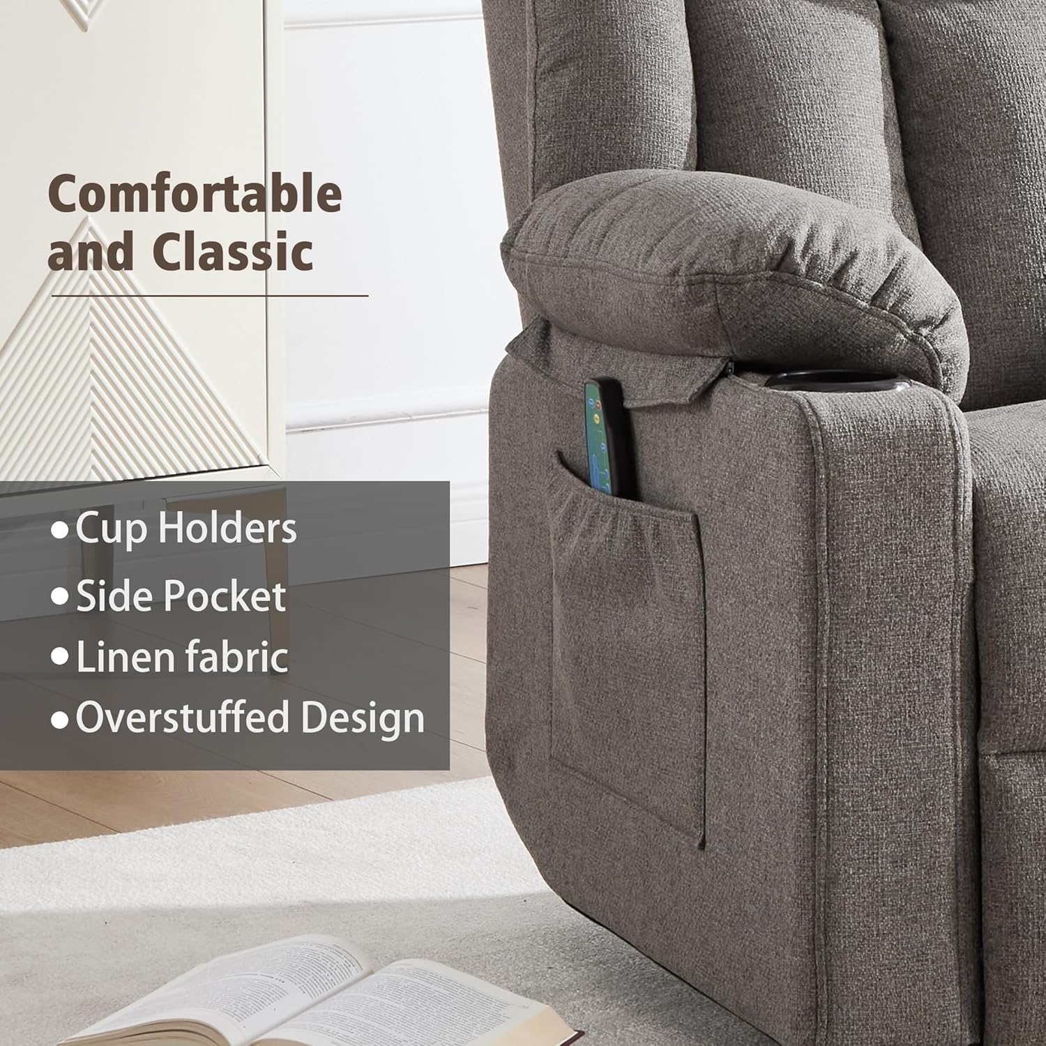 Rocker Swivel Recliner Chair for Adults, Overstuffed Large Manual Recliner Glider with Massage and Heat, Comfy Soft Fabric Living Room Reclining Sofa Chair (Smoked Gray)