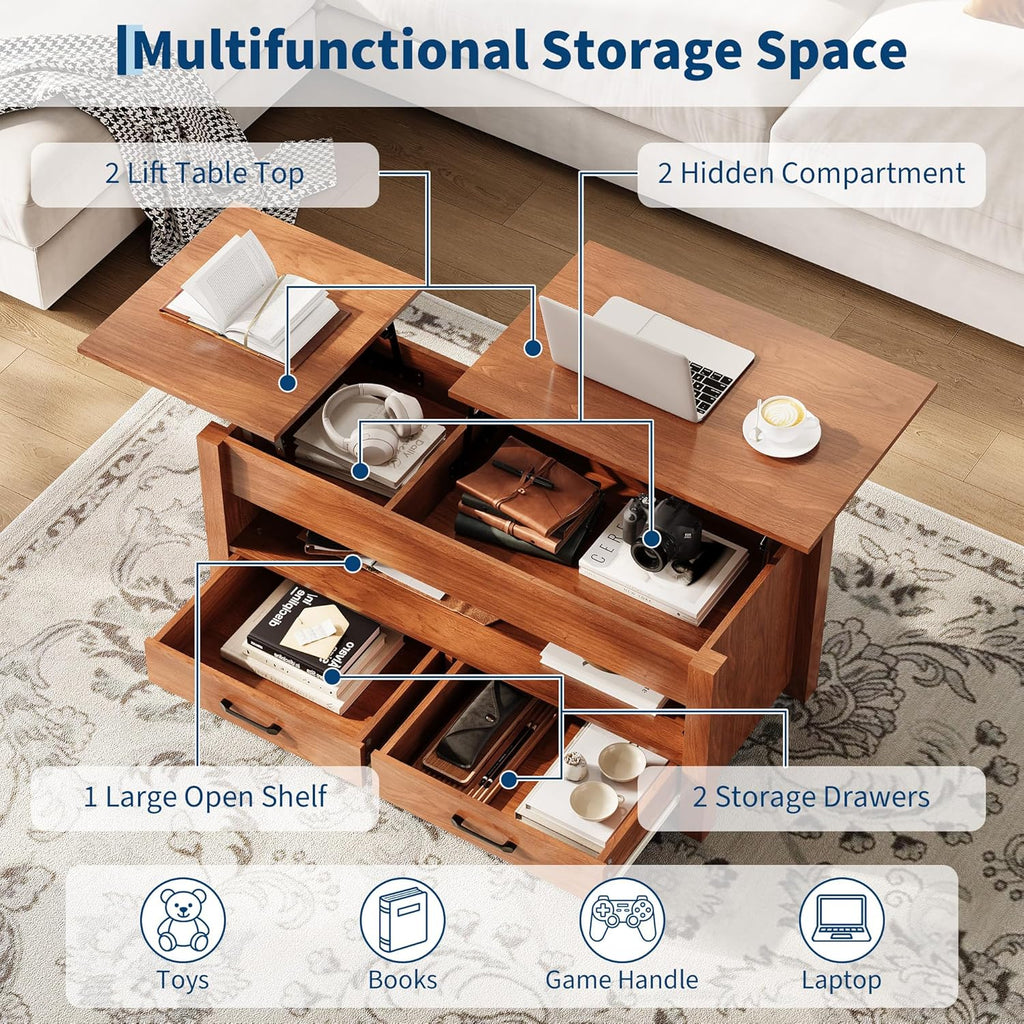GarveeHome Coffee Table Lift Top, Convertible Coffee Table with Wooden Lift Tabletop, 2 Drawers and Hidden Compartment, Central Table with Storage for Living Room Home Office, Brown