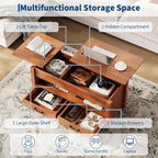 GarveeHome Coffee Table Lift Top, Convertible Coffee Table with Wooden Lift Tabletop, 2 Drawers and Hidden Compartment, Central Table with Storage for Living Room Home Office, Brown