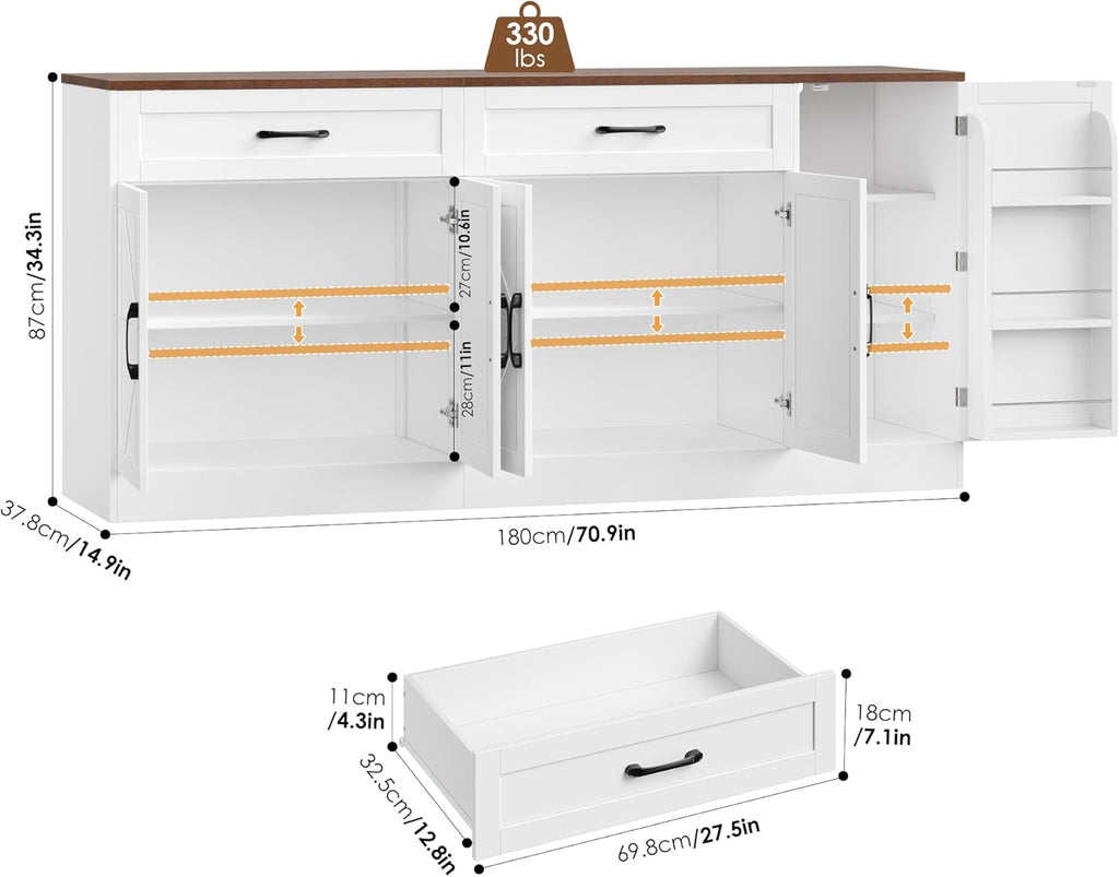 71” Large Sideboard Buffet Cabinet with Storage, Farmhouse Buffet Cabinet with Adjustable Shelves and 3 Door Shelves, Wood Coffee Bar Console Table for Kitchen, Dining Room (White)