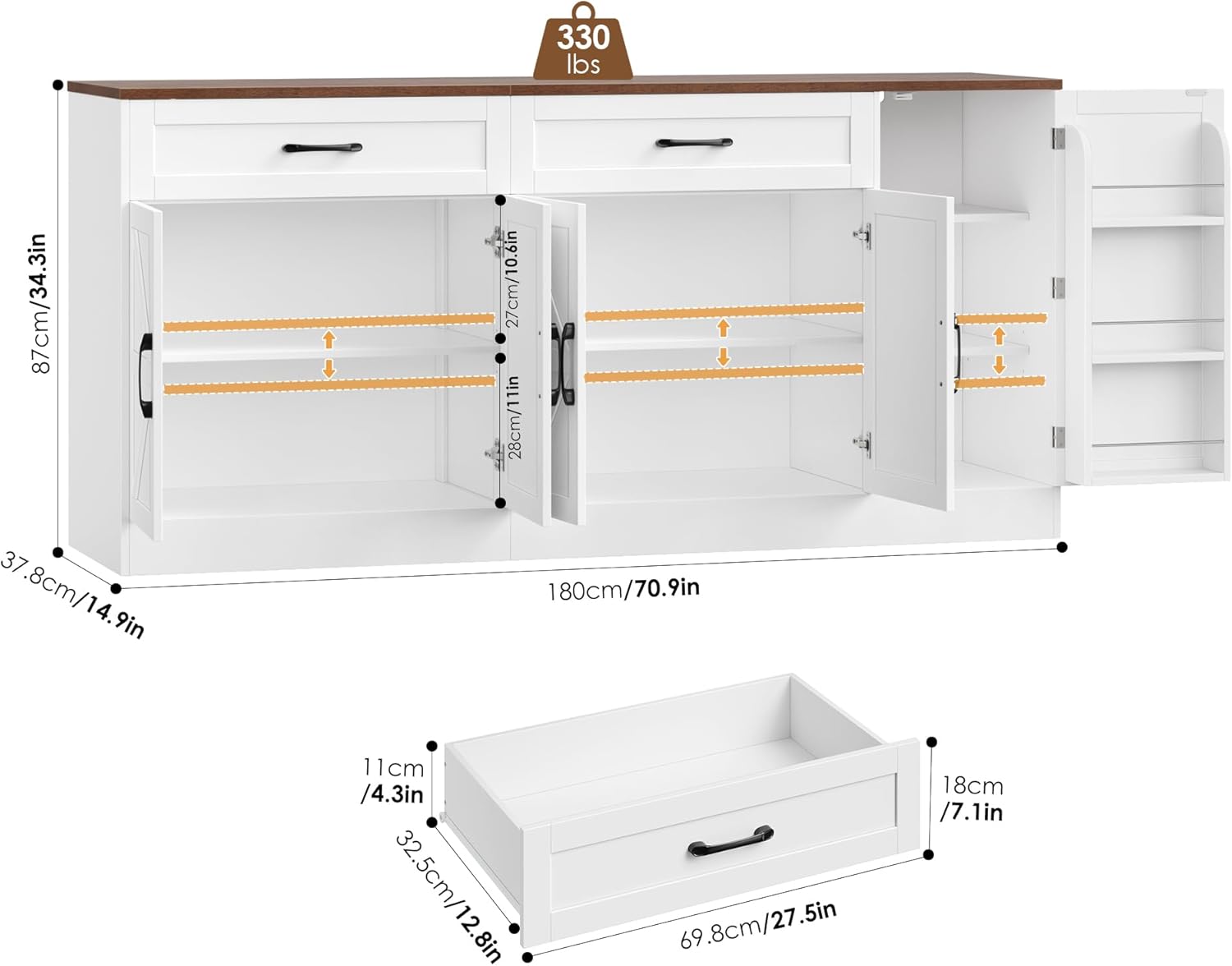 71” Large Sideboard Buffet Cabinet with Storage, Farmhouse Buffet Cabinet with Adjustable Shelves and 3 Door Shelves, Wood Coffee Bar Console Table for Kitchen, Dining Room (White)