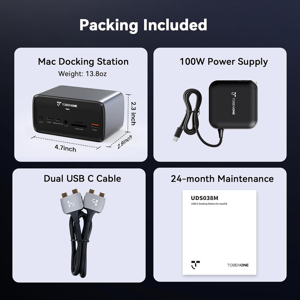 TobenONE MacBook Docking Station Dual 4K@60Hz  16-in-2 USB C Docking Station with 2 HDMI Ports  7 USB Ports  100W GaN Power Supply & 20W Charging  2.5Gbps Ethernet  for Home & Office