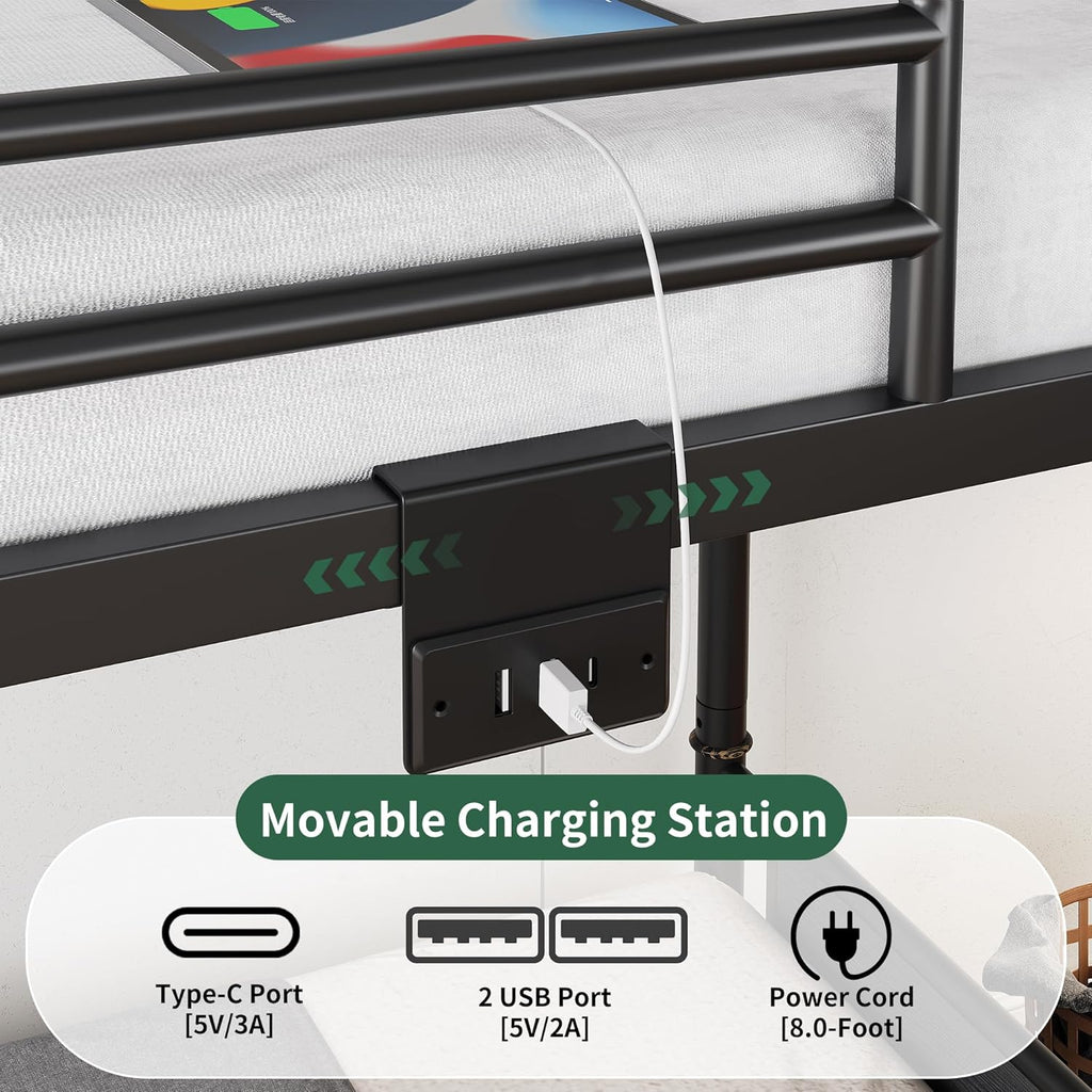 Metal LED Bunk Bed Twin Over Twin with 2 Storage Drawers, USB Charging Station, Industrial Bunkbeds Heavy Duty Bed with Safety Guardrail and Ladder, No Box Spring Needed, Black