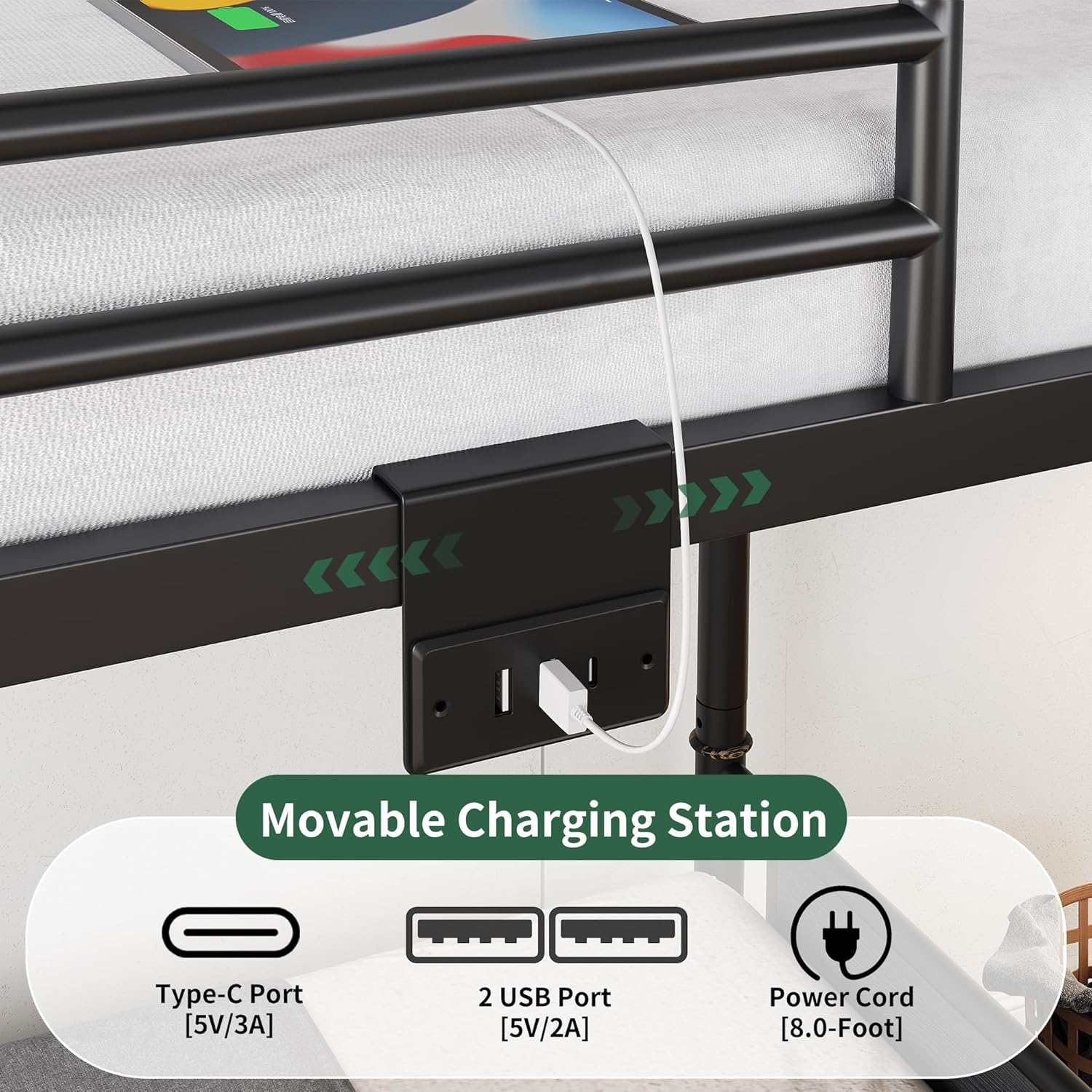Metal LED Bunk Bed Twin Over Twin with 2 Storage Drawers, USB Charging Station, Industrial Bunkbeds Heavy Duty Bed with Safety Guardrail and Ladder, No Box Spring Needed, Black