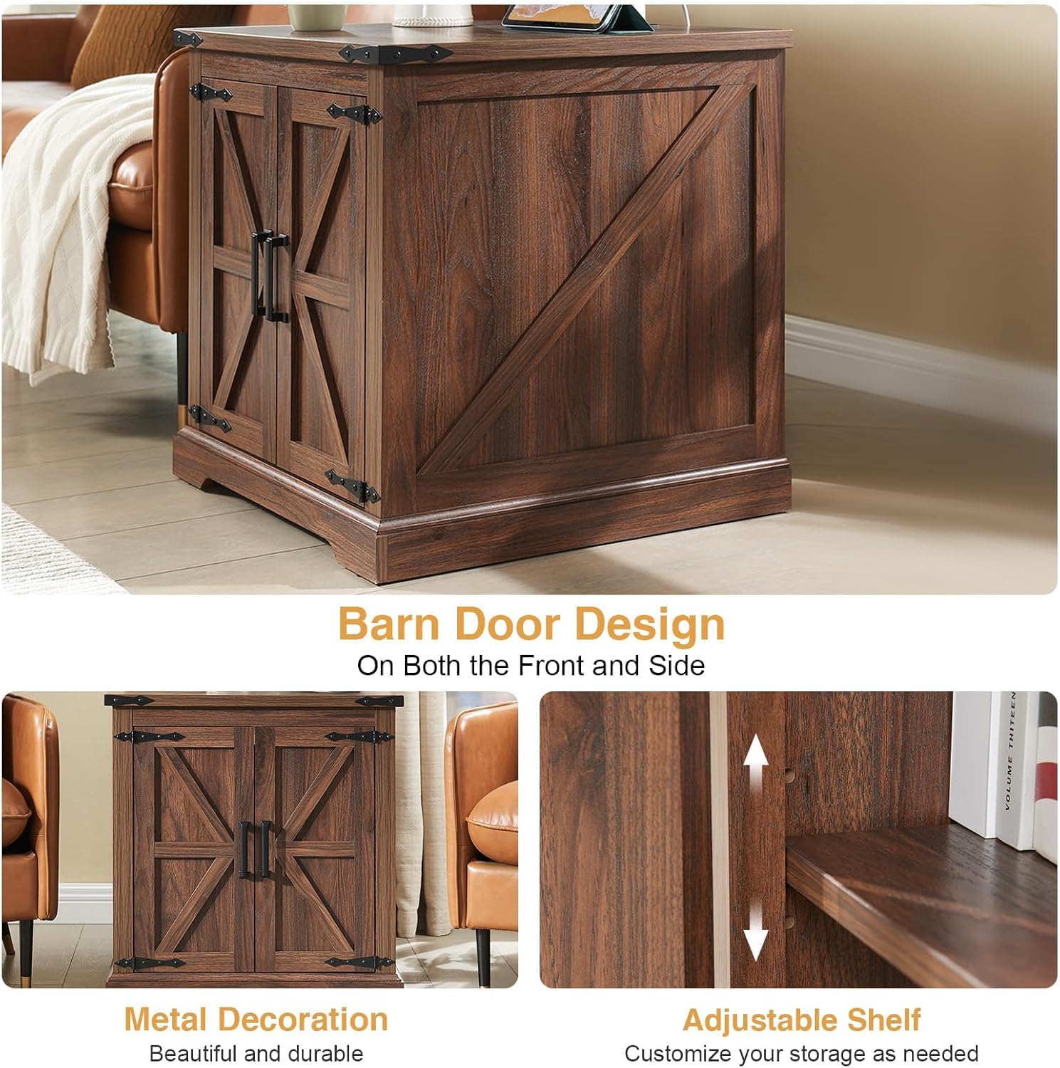 Barnyatoh Farmhouse End Table with Charging Station,24" Large Sofa Side Table with Barn Door, Rustic Wood Square Nightstand Bedside Table with Adjustable Storage Shelf for Living Room, Bedroom,Walnut