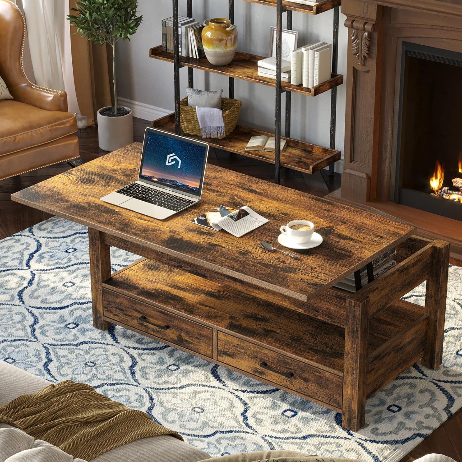 Rolanstar Coffee Table, Lift Top Coffee Table with Drawers and Hidden Compartment, Retro Central Table with Wooden Lift Tabletop, for Living Room,Rustic Brown