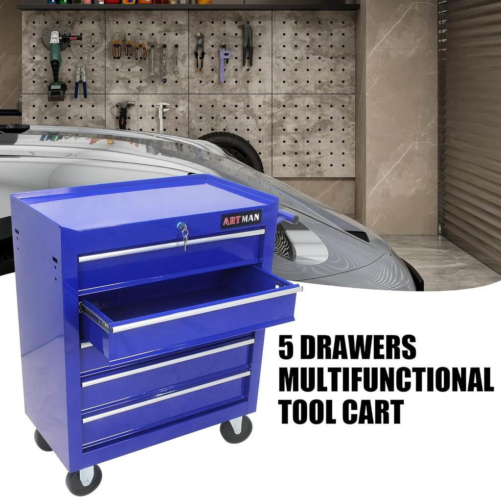 RYH 5 Drawers Rolling Tool Chest & Tool Box on Wheels | Heavy Duty Metal Cart with Ball Bearing Drawers | Fits US General Tool Box for Garage Storage (Blue, 5 Drawers（29.9" H × 24.2" W × 12.9" D)