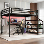 Bellemave Metal Queen Size Loft Bed with Desk and Storage Stairs,Heavy Duty Loft Bed Frame Queen Size with LED Lights and Charging Station for Kids,Teens,Adults,Black