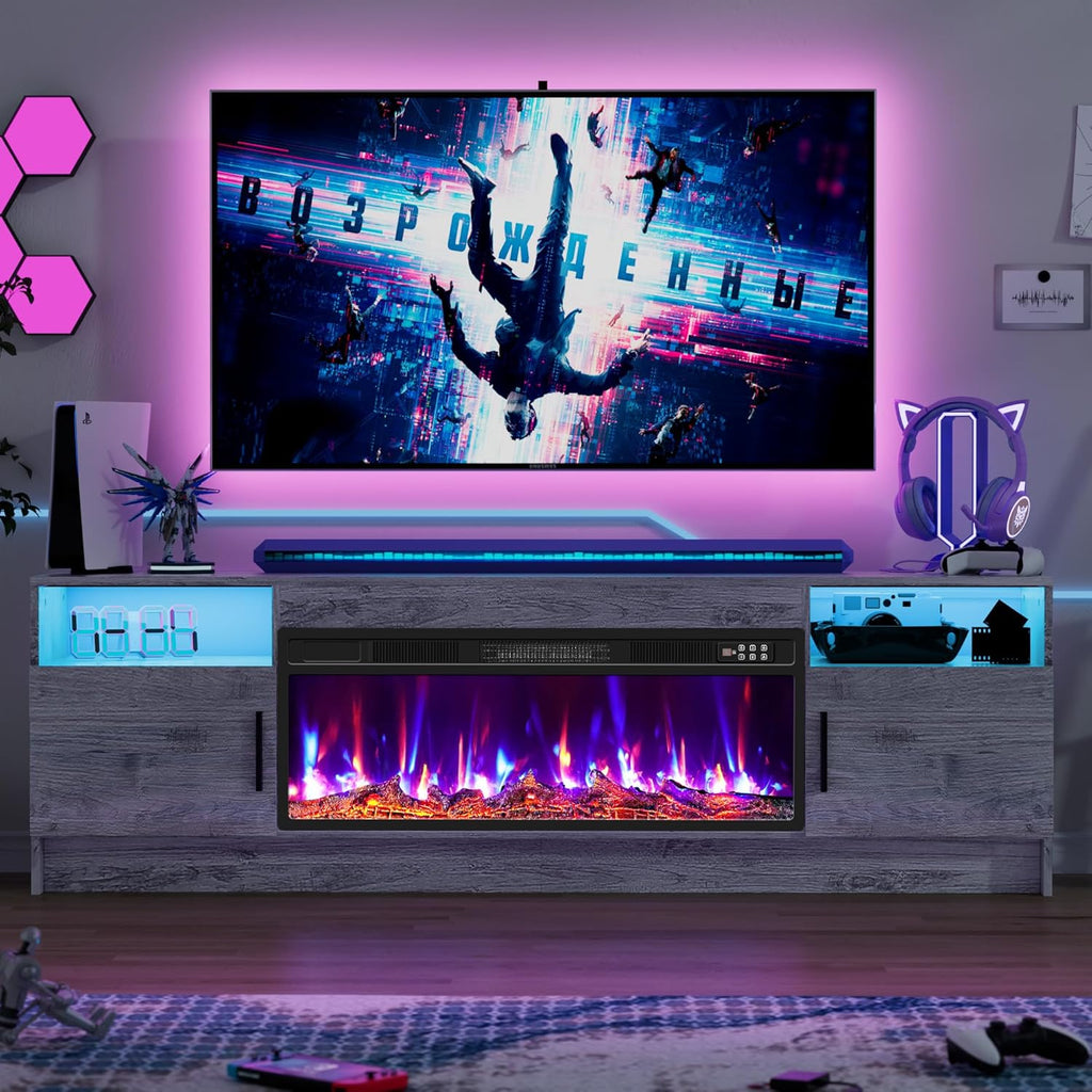 70 Inch Fireplace TV Stand for Living Room with 36" Electric Fireplace, Entertainment Center with Fireplace for TVs Up to 80", Media TV Console Cabinet, Gray LED TV Stand with Storage for Bedroom