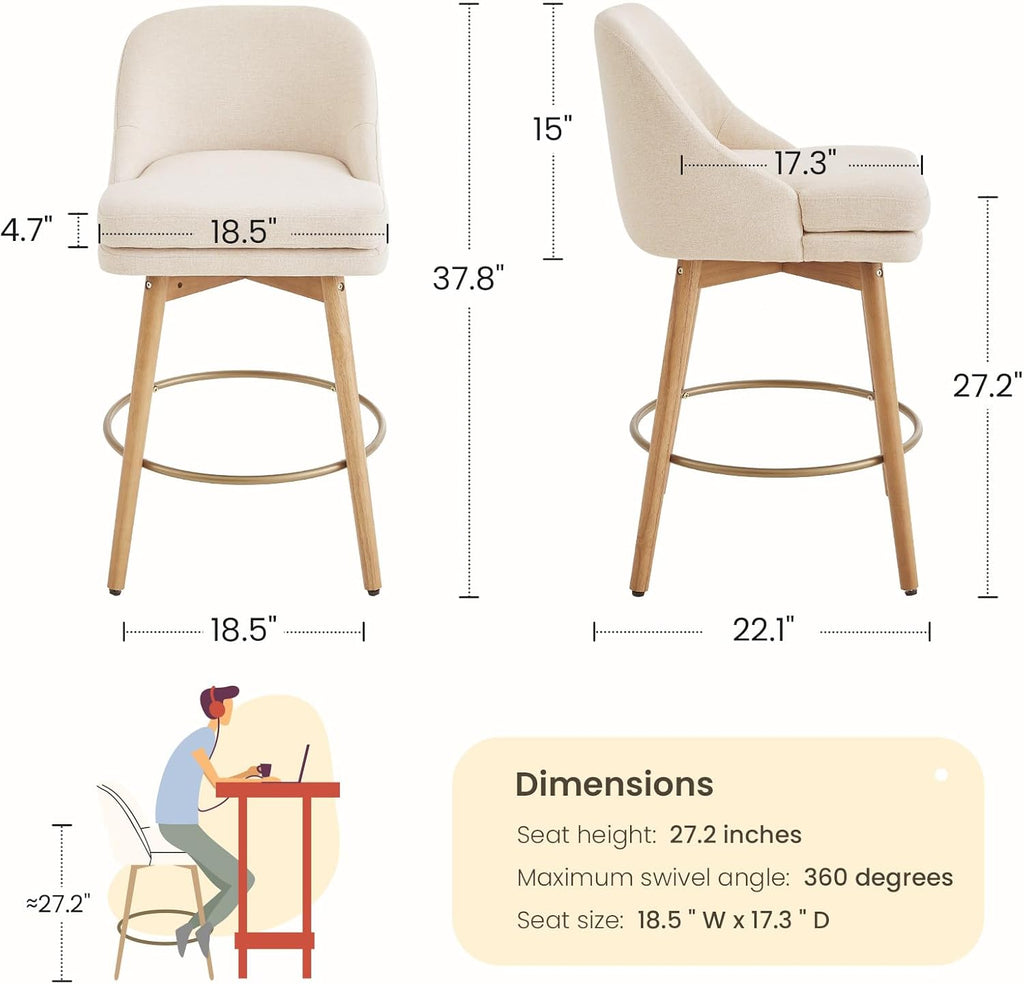 Modern Bar Stools Set of 2,Swivel Counter Height Bar Stools with Soft Upholstered Back,Thick Seat,Wooden Legs, 27" Counter Stools for Kitchen Island (Sand, 2 Pieces - 27" Counter Height)