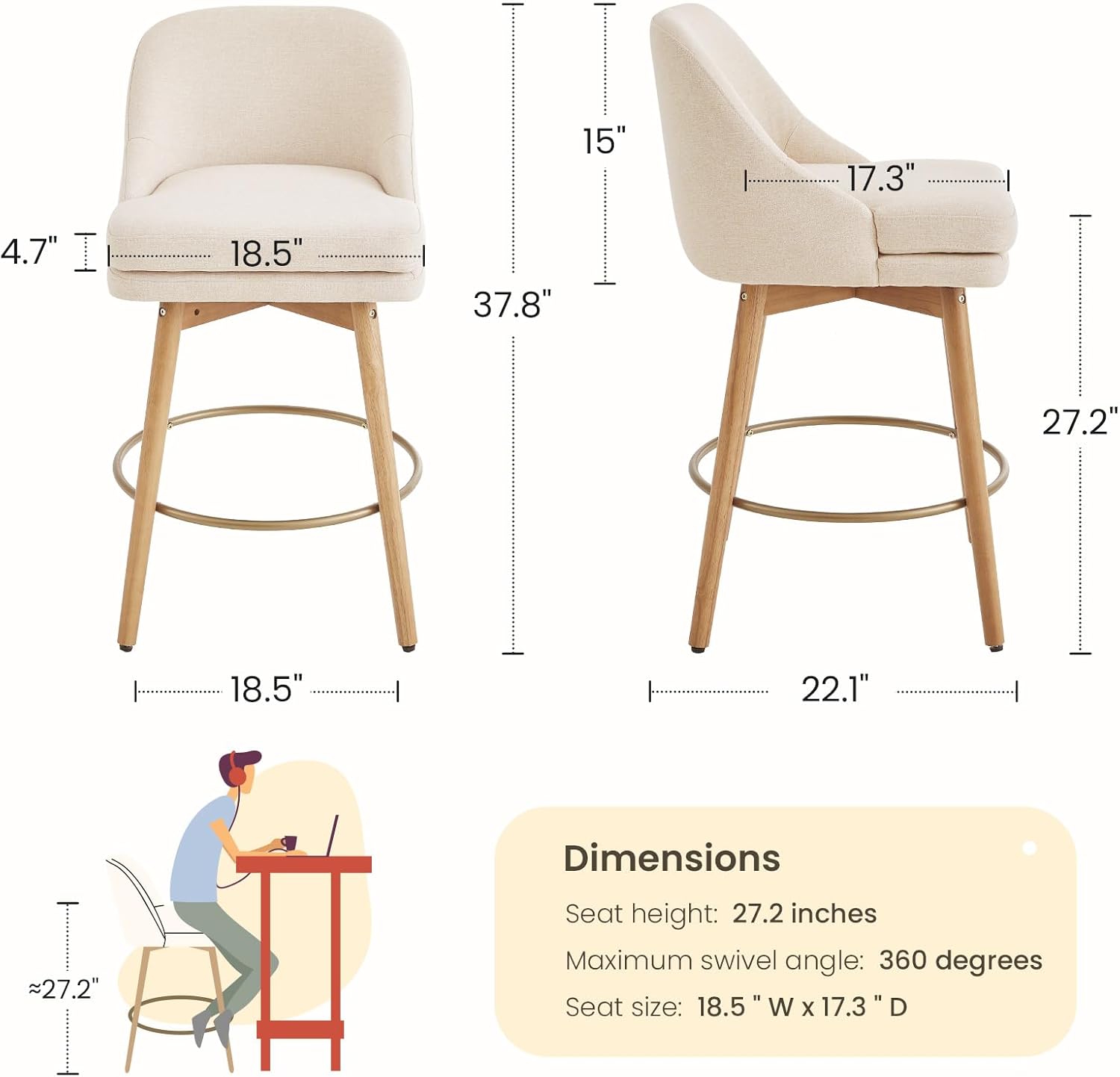 Modern Bar Stools Set of 2,Swivel Counter Height Bar Stools with Soft Upholstered Back,Thick Seat,Wooden Legs, 27" Counter Stools for Kitchen Island (Sand, 2 Pieces - 27" Counter Height)