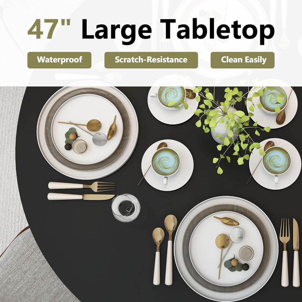 weselon 47 inch Round Dining Table for 4, Kitchen Table Dinner Table with 2-Layer Storage Shelf and Wood Slide Door for Home Dining Room Living Room (Black)
