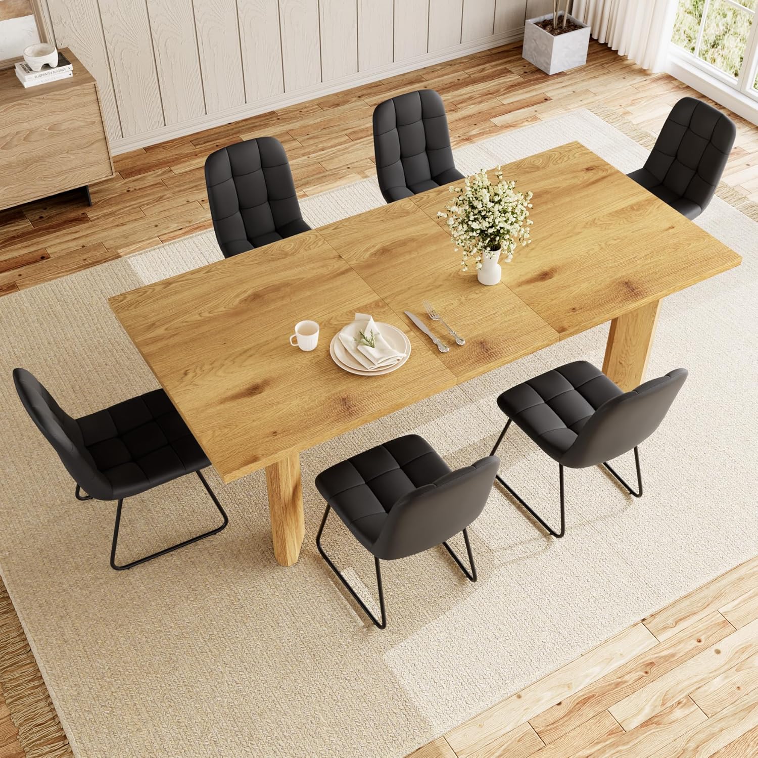 Extendable Dining Table for 6-8 People, 63 to 78.7 Inch Rectangular MDF Table, Farmhouse Rustic Style, Space-Saving Design for Dining Room, Kitchen, Meeting