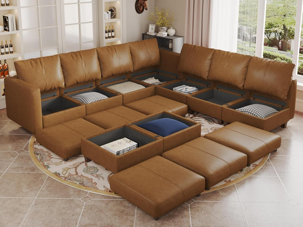 EASE MOOSE Modular Sectional Couch with Storage, Faux Leather Sectional Modular Sofa Sectional Sofa for Living Room .Brown
