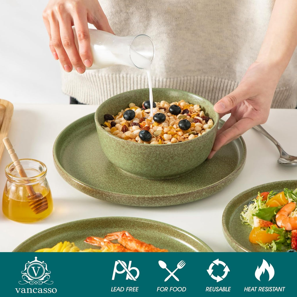 vancasso Plates and Bowls Sets, 18 Pieces Modern Ceramic Dinnerware Set for 6, Dish Set for Kitchen, Dinner Set Stoneware Dishware Set Microwave and Dishwasher Safe, Green, Series ZERMATT