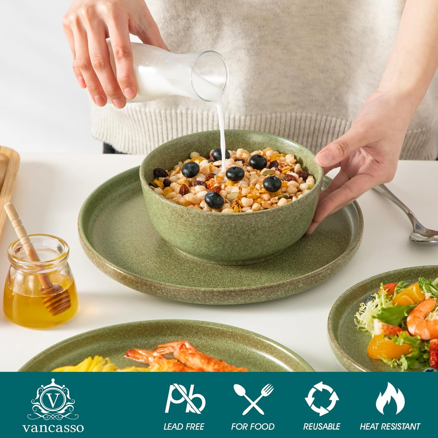 vancasso Plates and Bowls Sets, 18 Pieces Modern Ceramic Dinnerware Set for 6, Dish Set for Kitchen, Dinner Set Stoneware Dishware Set Microwave and Dishwasher Safe, Green, Series ZERMATT